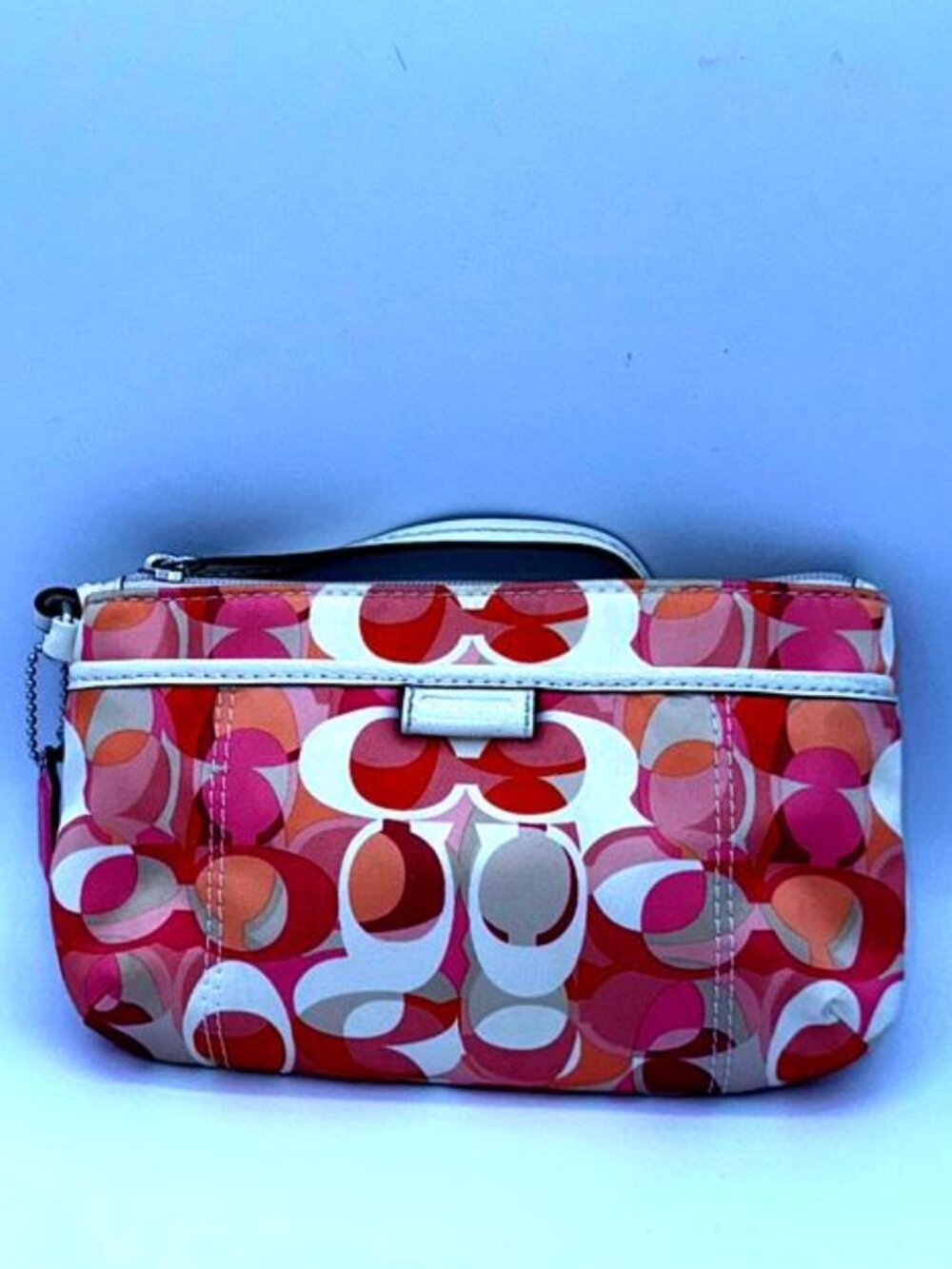 Coach Satin Wristlet Pink Orange Signature C Print Zip Wallet Clutch